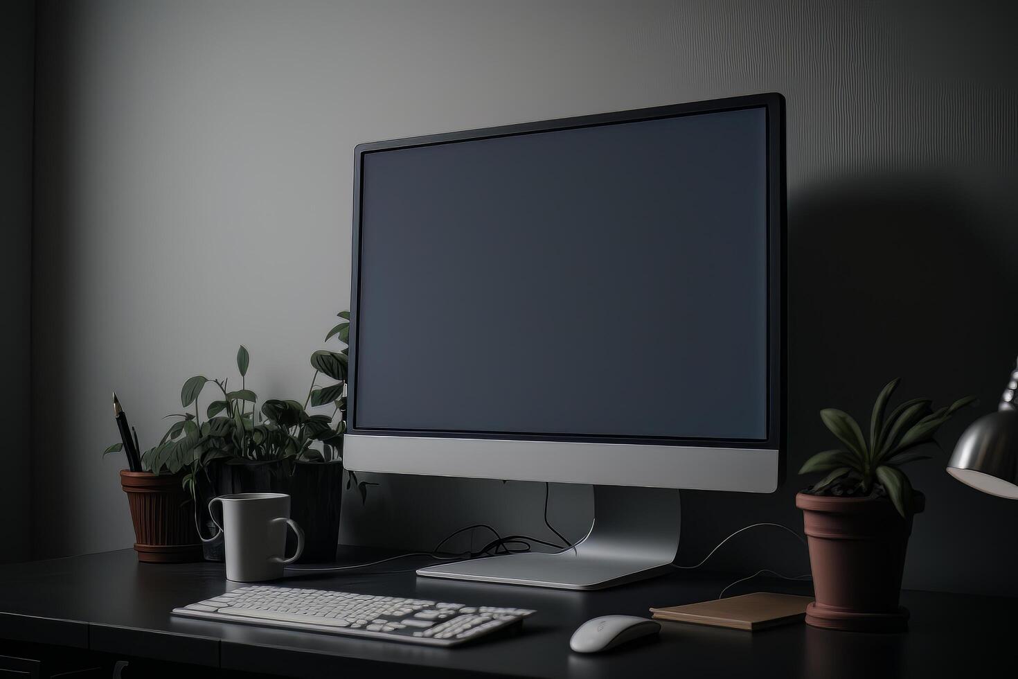 A desktop computer with a blank screen in a minimal. Illustration photo