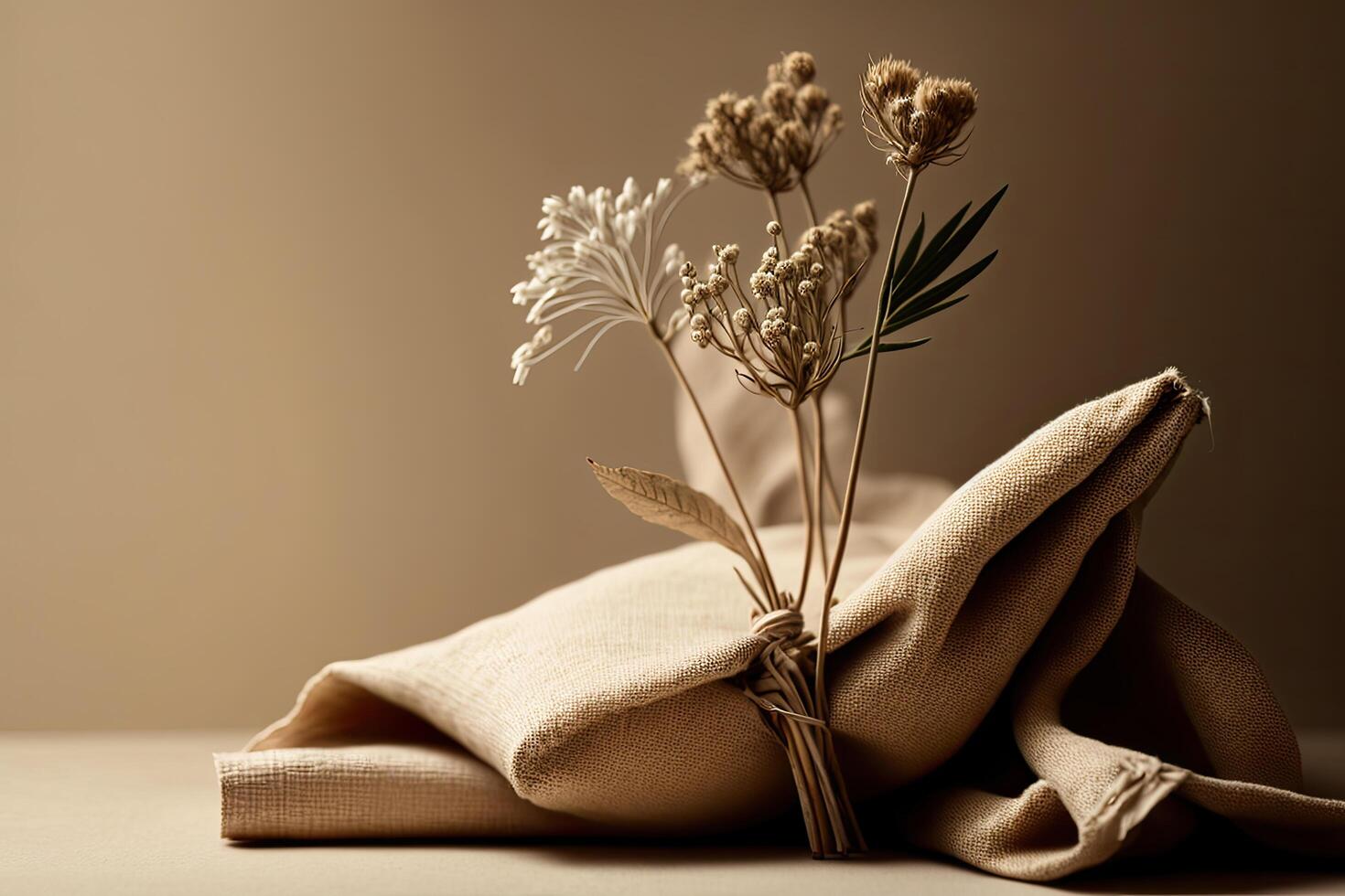 Dry plant on linen fabric background. Illustration photo