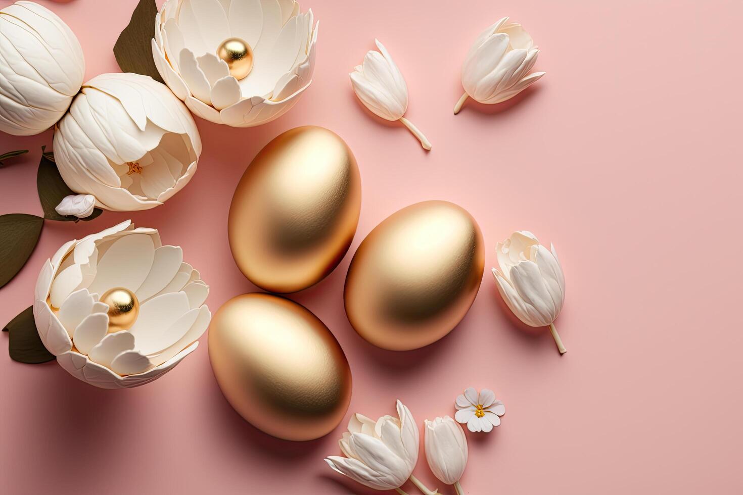 Golden eggs with spring white tulips on pastel pink background. Illustration photo