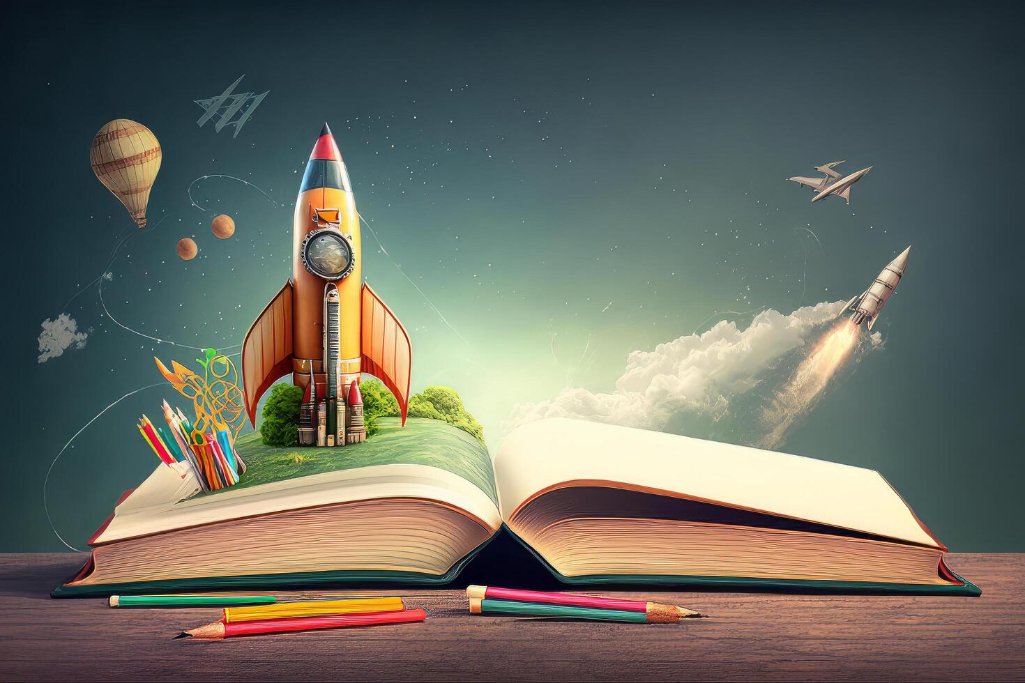 Books And Pencils With Rocket Sketch. Illustration photo