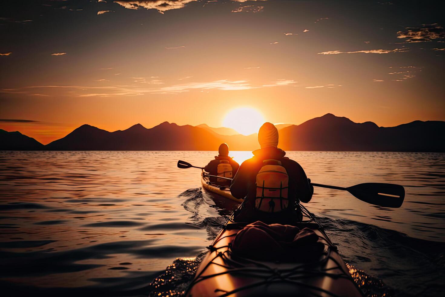 personas kayac durante puesta de sol ilustración ai generativo foto