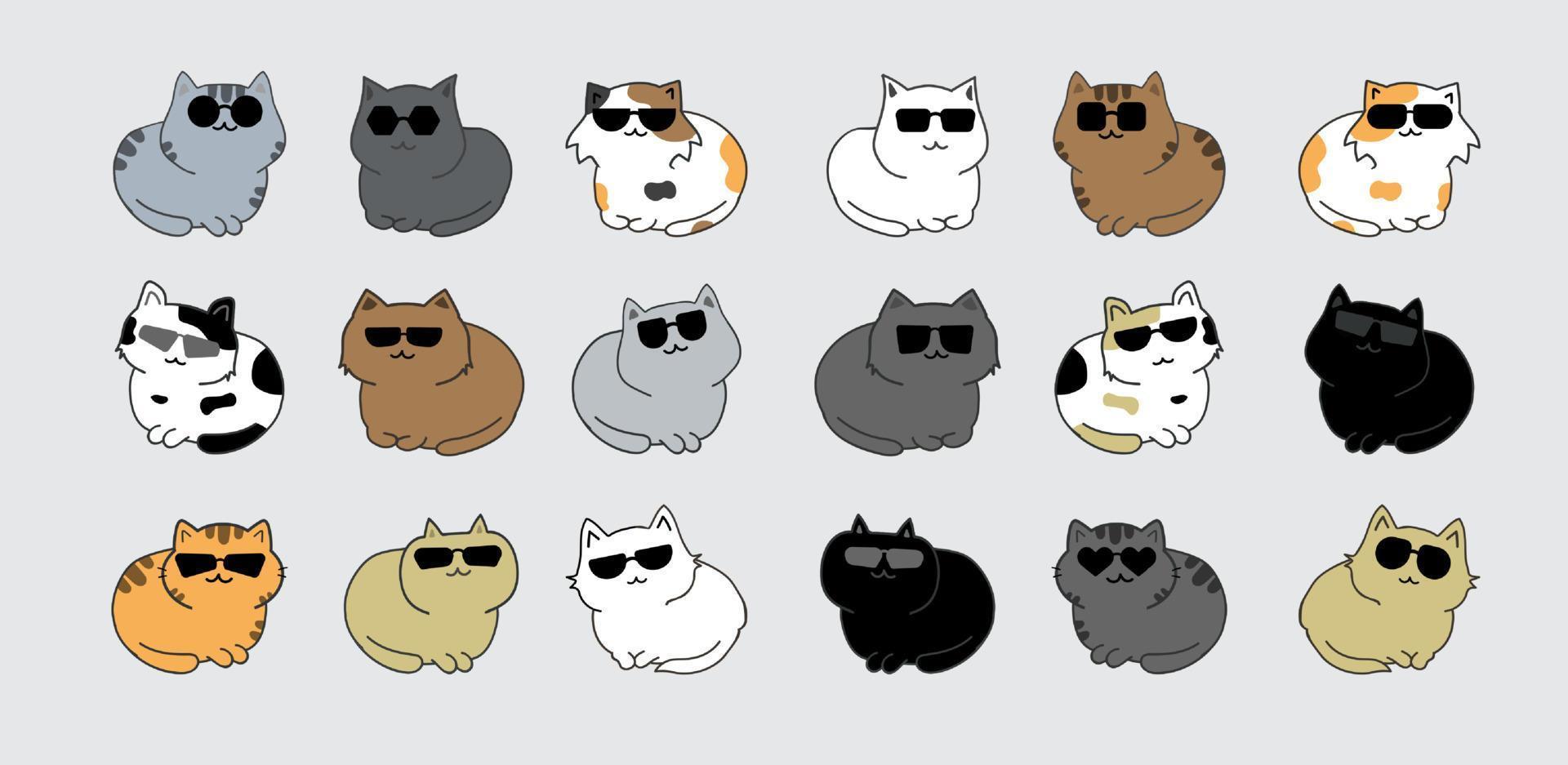 Cat with sunglasses cartoon character set vector