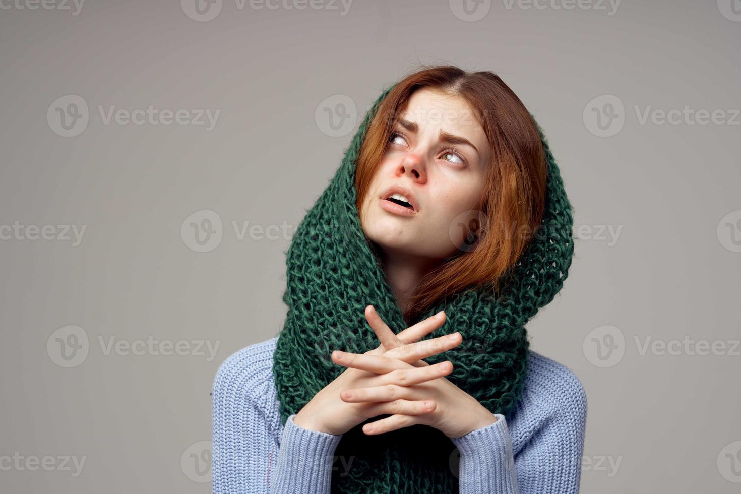 woman green scarf on the head close-up photo