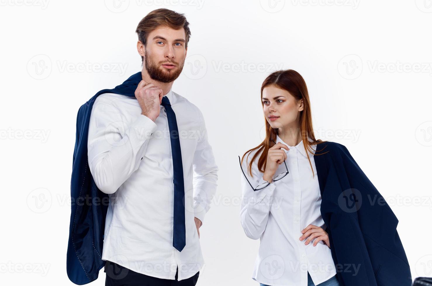 business men and women in suits finance office communication photo