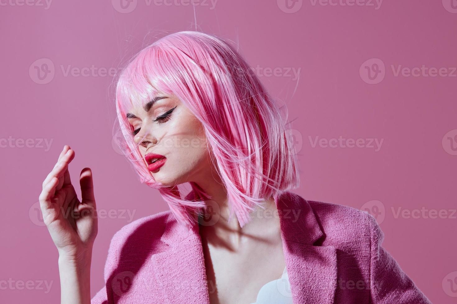 Beauty Fashion woman in a pink blazer pink wig cropped view studio model unaltered photo