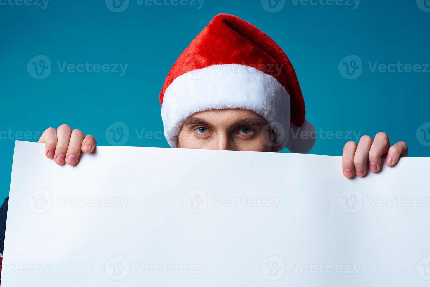 Cheerful man in a christmas white mockup Poster studio posing photo