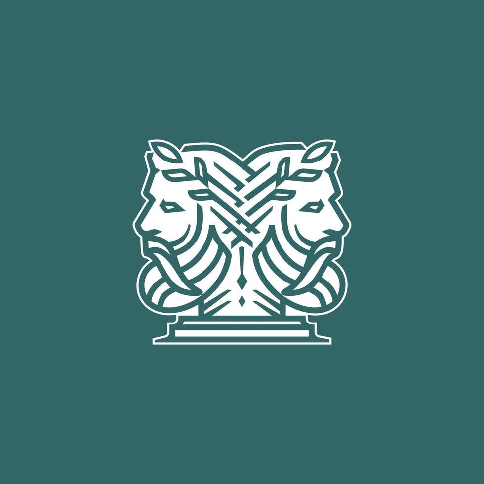 Janus logo. Ancient Greek Figure Face Head Statue Sculpture Logo design, Elegance logo of God wearing leaf crown, line linear illustration elegant logo illustration vector