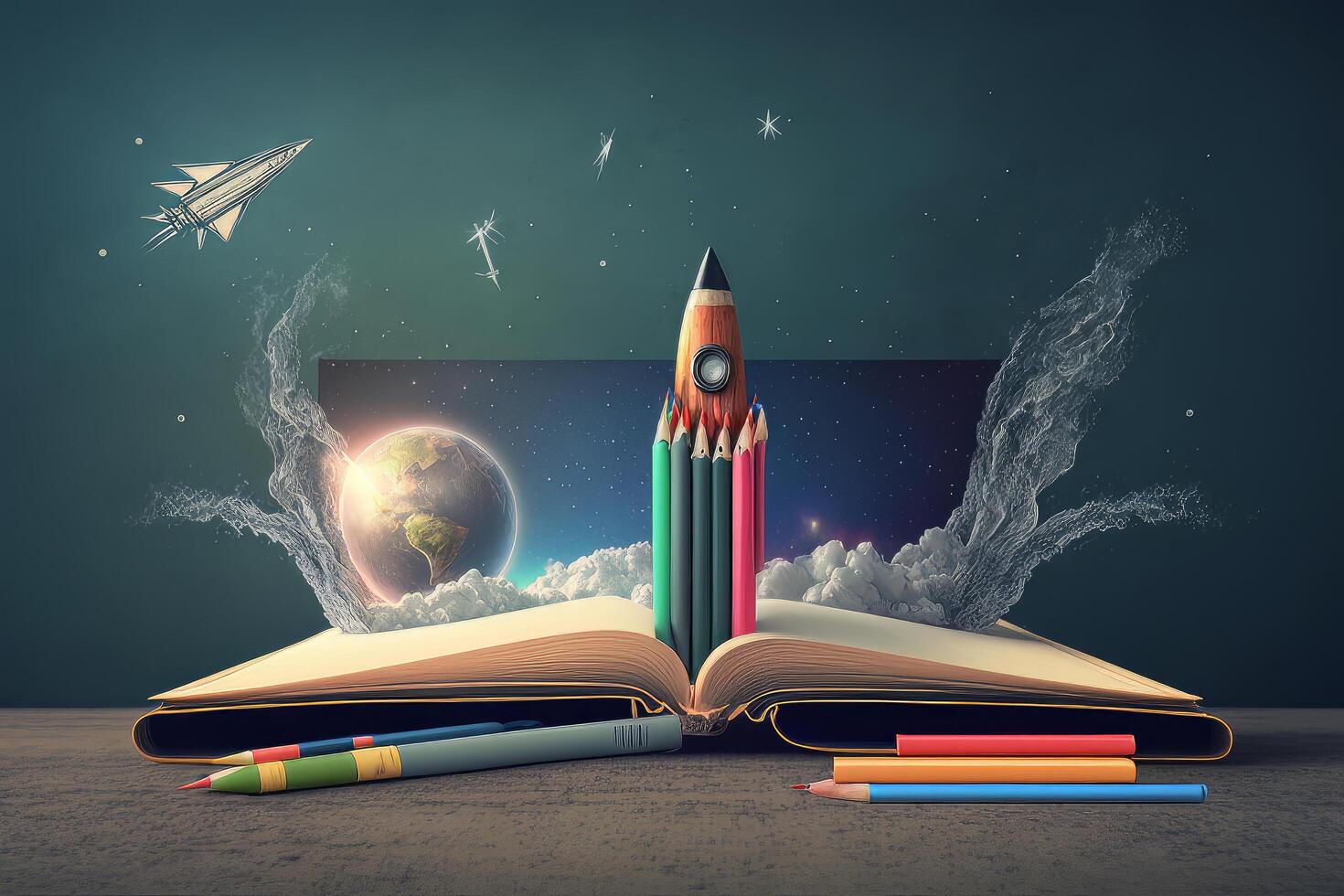 Books And Pencils With Rocket Sketch. Illustration photo