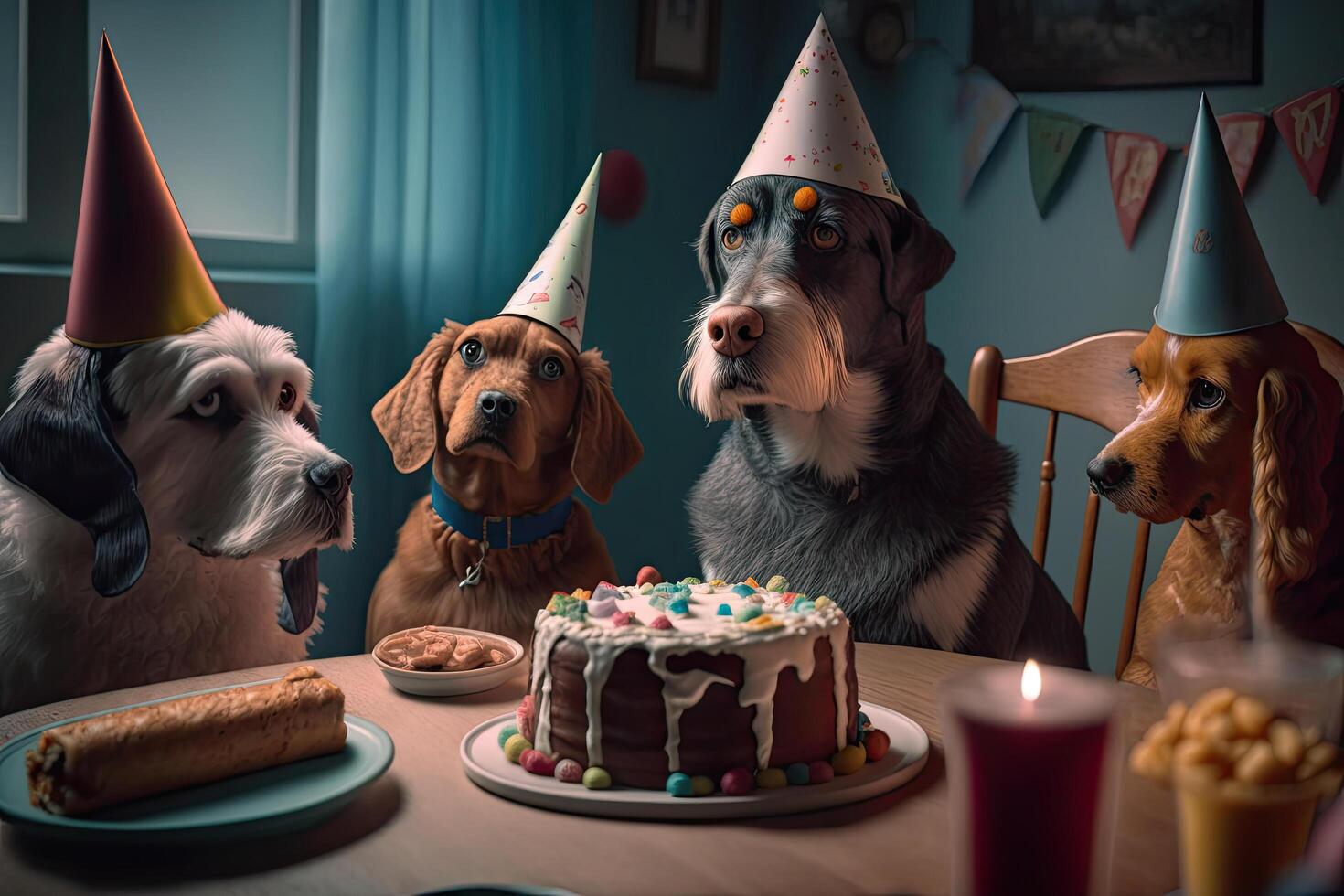 dogs in birthday caps sit at party. Illustration photo