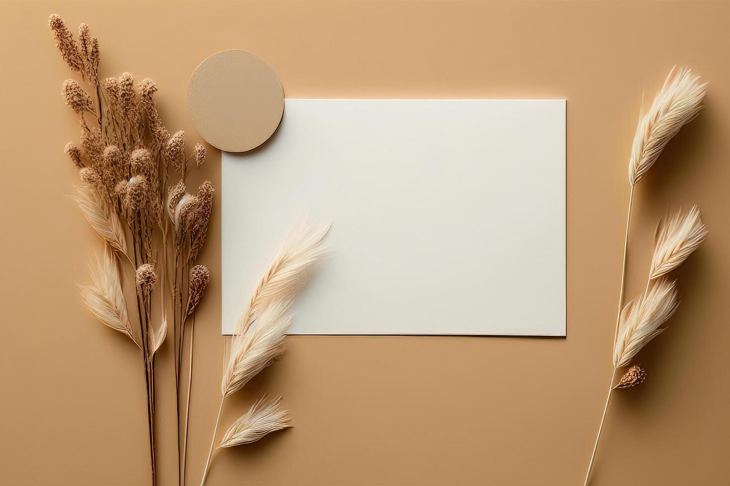 White paper empty blank dried grass decoration on beige. Illustration photo