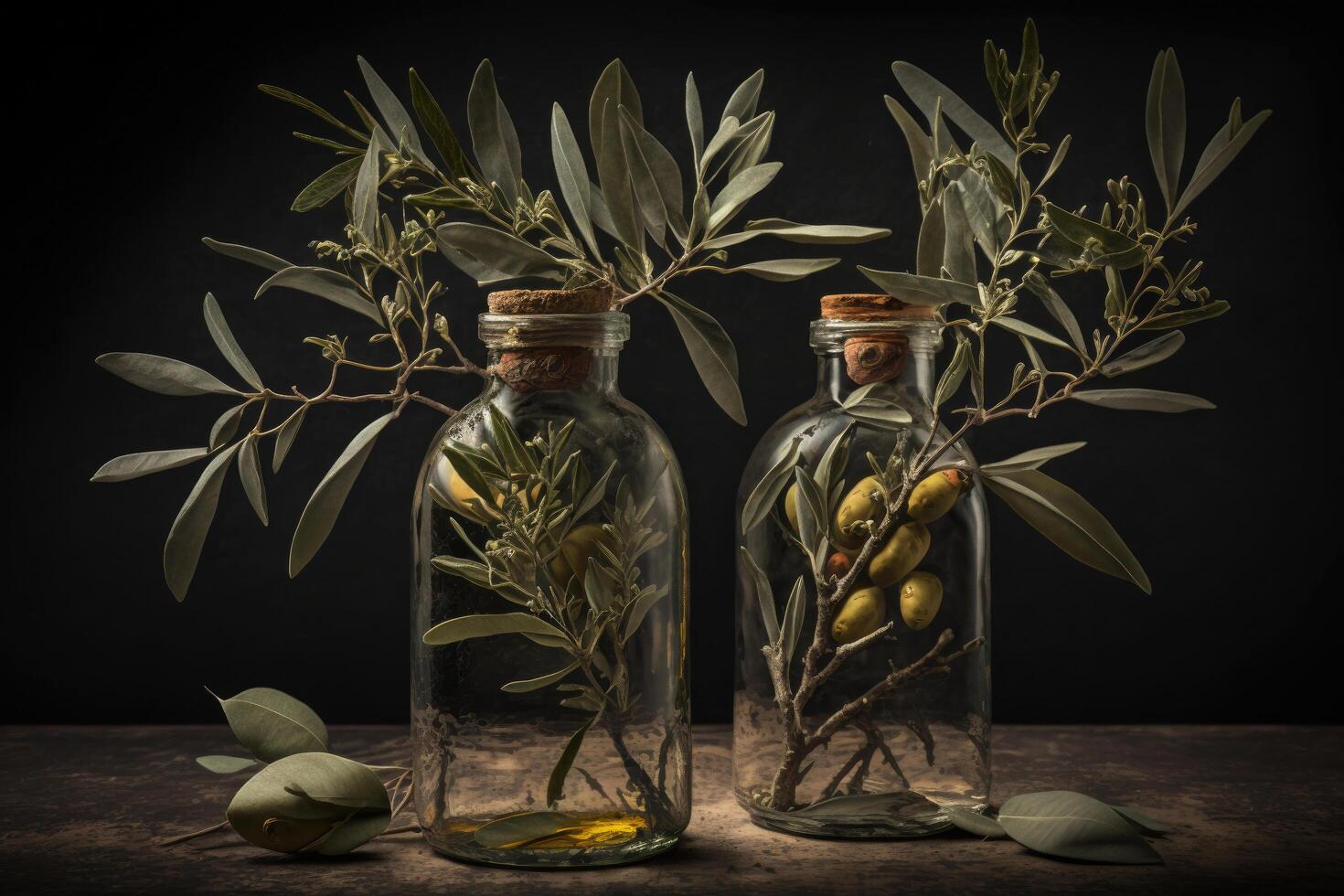 Two olive branches in glass bottles. Illustration photo
