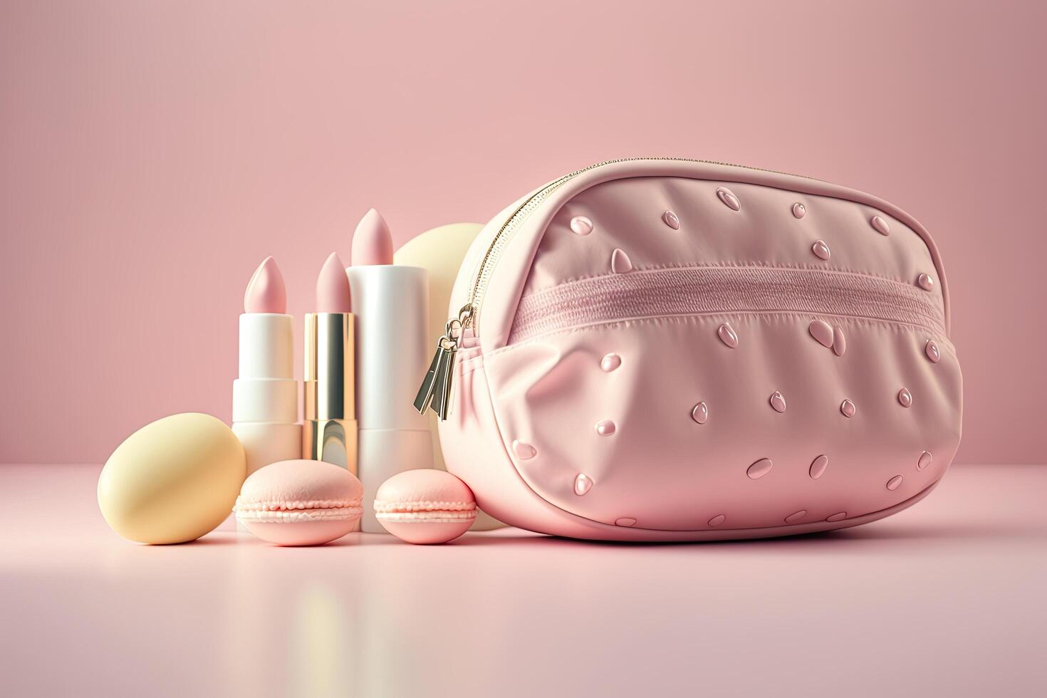 Pink make-up bag with cosmetic products. Illustration photo