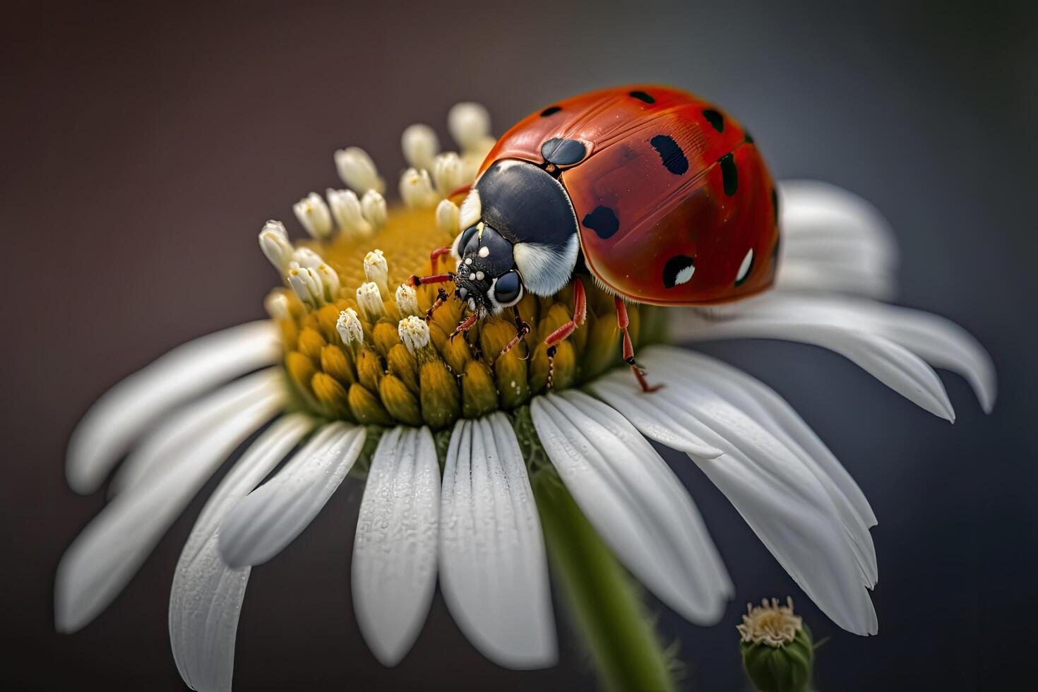 mariquita con margarita flor. ilustración ai generativo foto