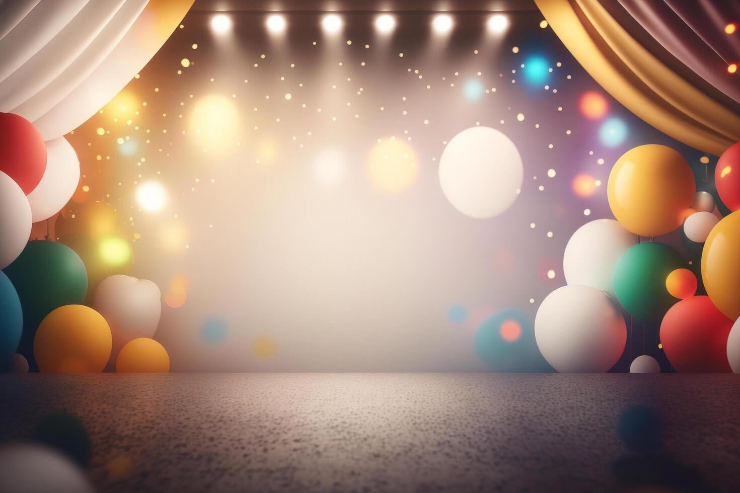 Festive party with balloons, stage and garlands. Illustration photo