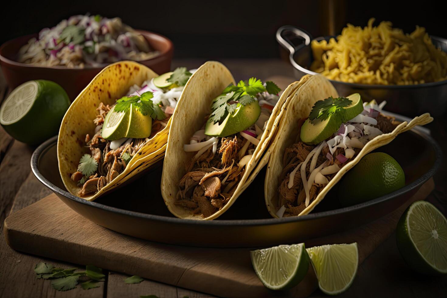 three pork carnitas street tacos in yellow corn tortilla. Illustration photo