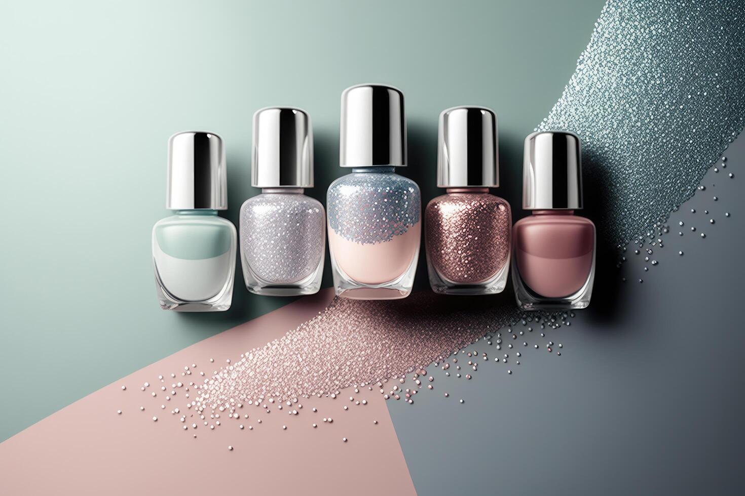 Trendy design template with nail polish glass bottles. Illustration photo