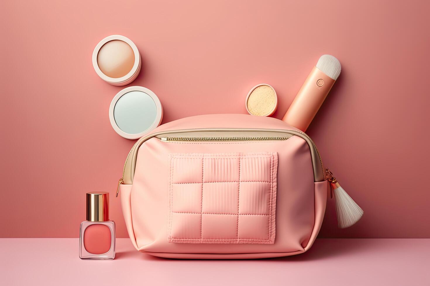 Pink make-up bag with cosmetic products. Illustration photo