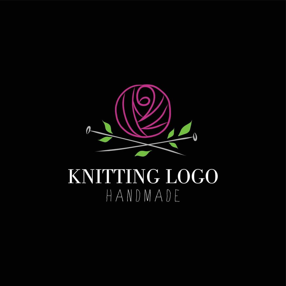 Beautiful knitting logo, with rose-shaped wool, and the needles are with green leaves vector