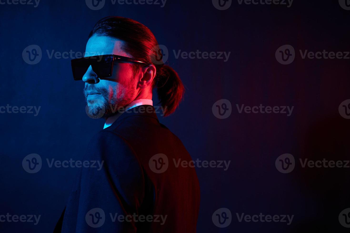 businessmen modern style suit fashion sunglasses dark background photo