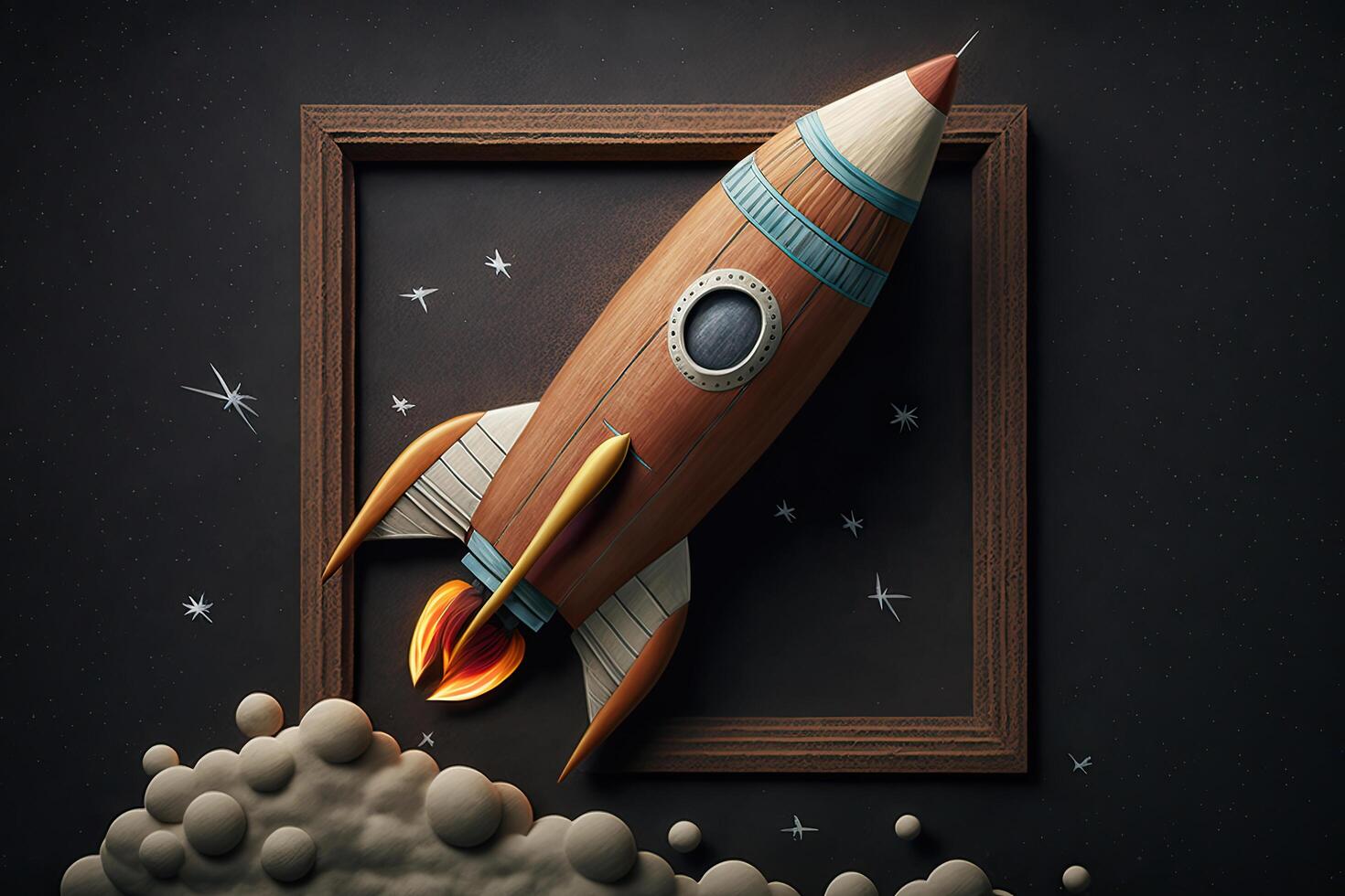 educación y innovación concepto. cohete hecho de madera. ilustración ai generativo foto