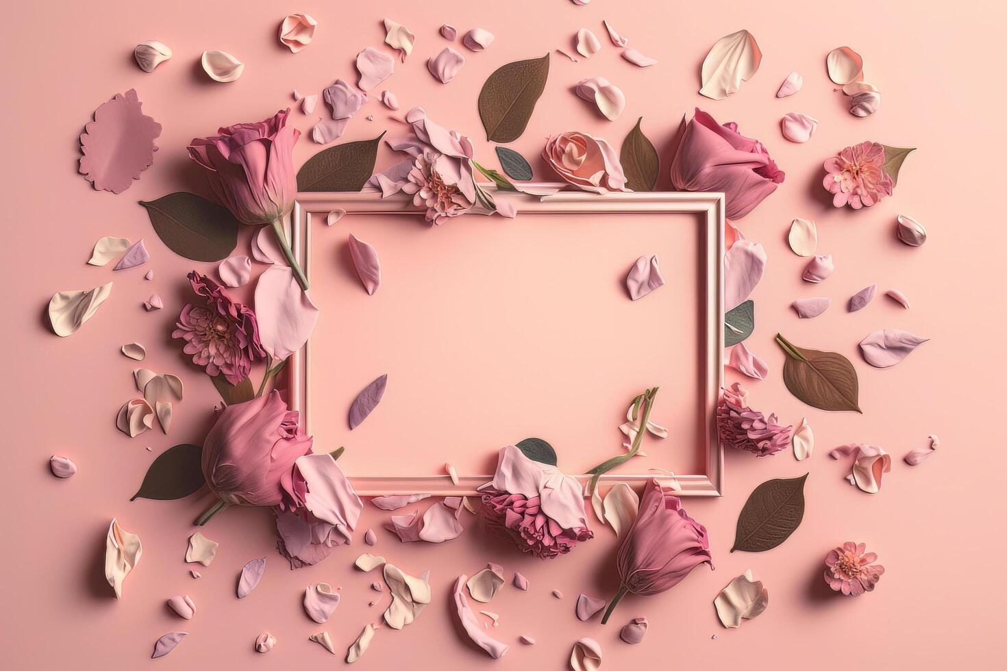 A floral frame with rose flowers and petals on a pink background. Illustration photo