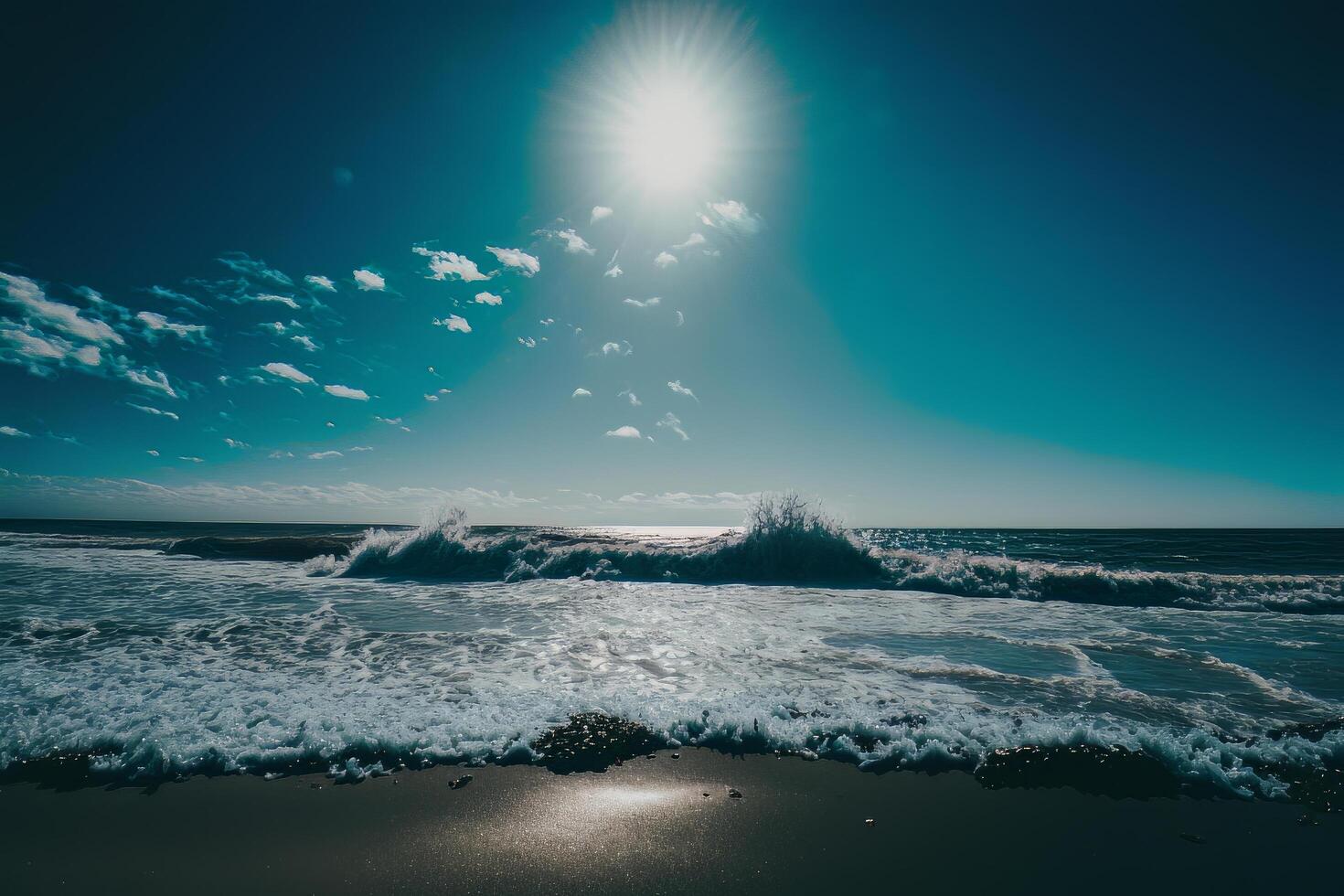 paisaje de un ondulado mar debajo el luz de sol y un azul. ilustración ai generativo foto