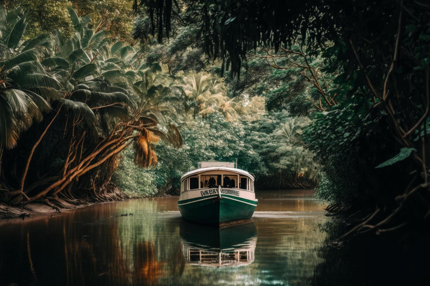 boat floats on the river in tropical forest. Illustration photo