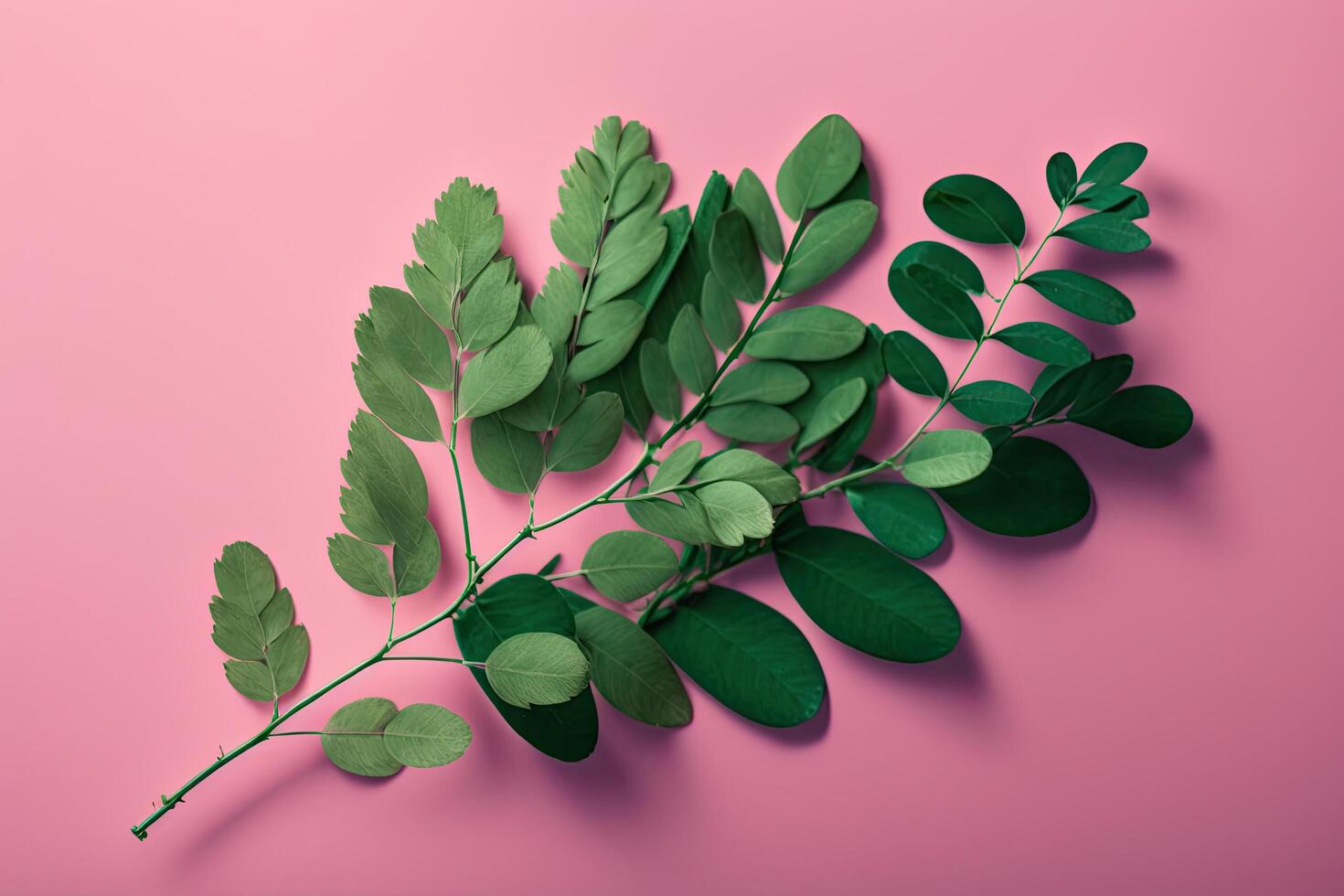 a beautiful green fresh branch on a pink background. Illustration photo