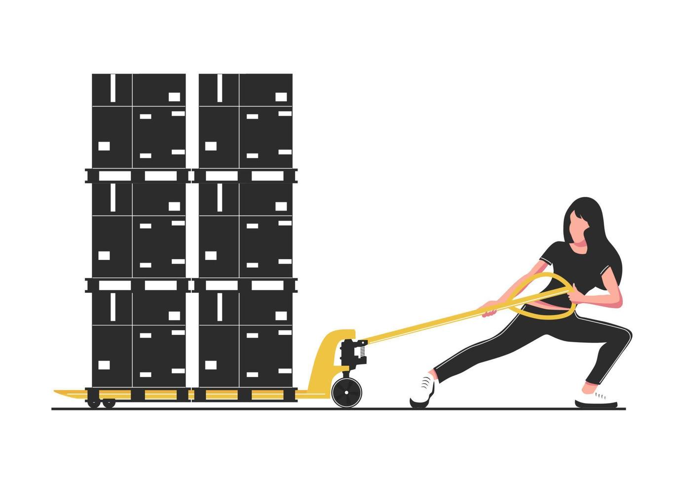 Warehouse hazards concept with a woman trying to pull overloaded pallet jack. Vector. vector