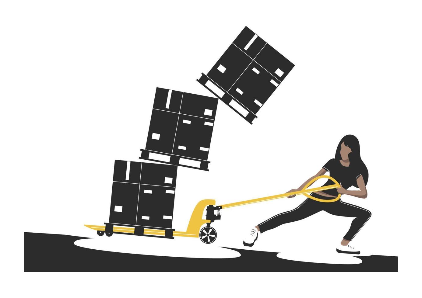 Warehouse hazards concept with a woman trying to pull overloaded pallet jack. Vector. vector