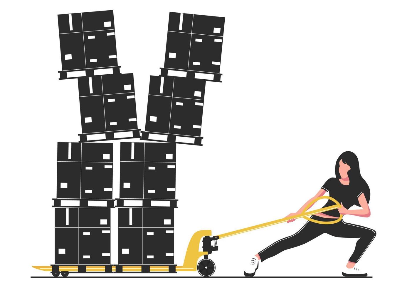 Warehouse hazards concept with a woman trying to pull overloaded pallet jack. Vector. vector