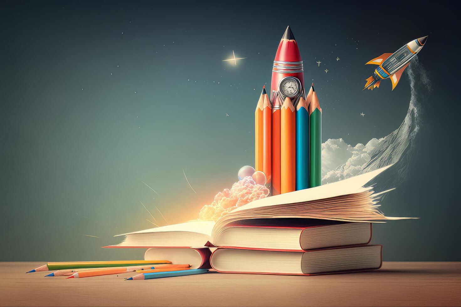 Books And Pencils With Rocket Sketch. Illustration photo