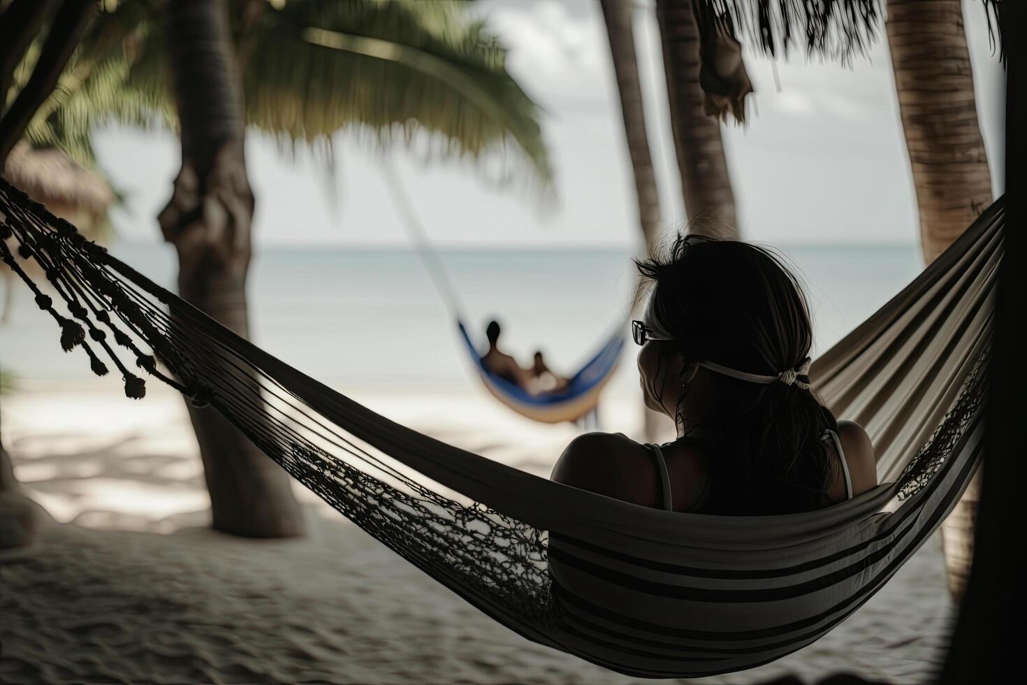 mujer relajarse en hamaca en verano playa. ilustración ai generativo foto