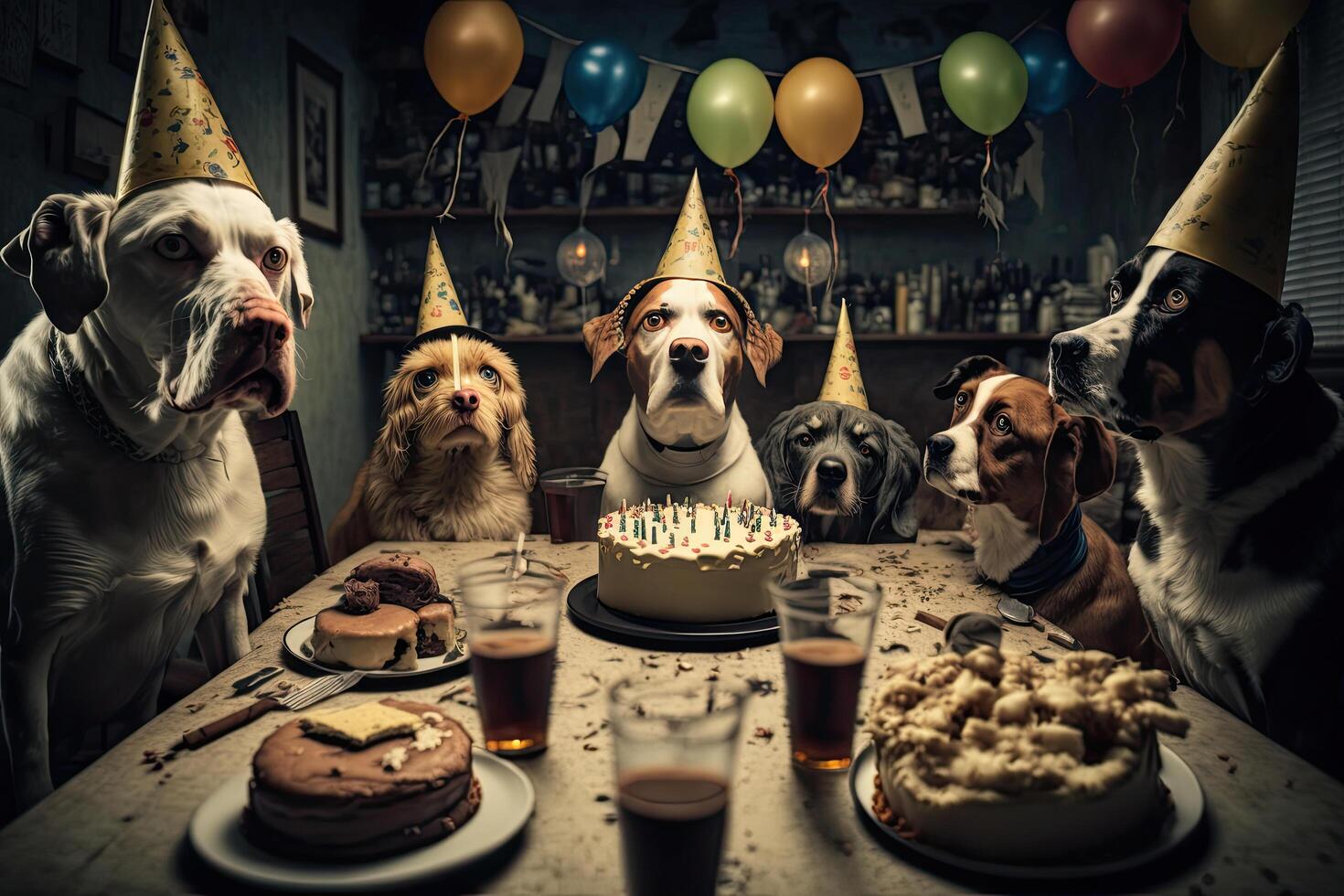 dogs in birthday caps sit at party. Illustration photo