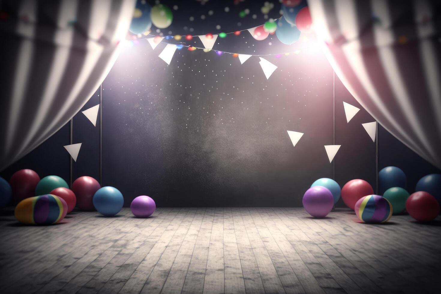 Festive party with balloons, stage and garlands. Illustration photo