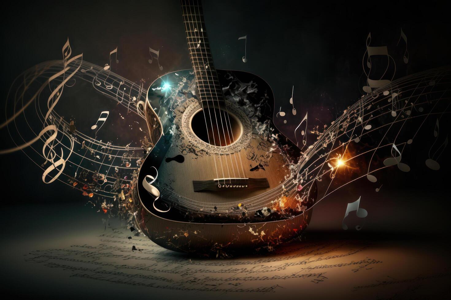 Festive background with guitar and musical notes. Illustration photo