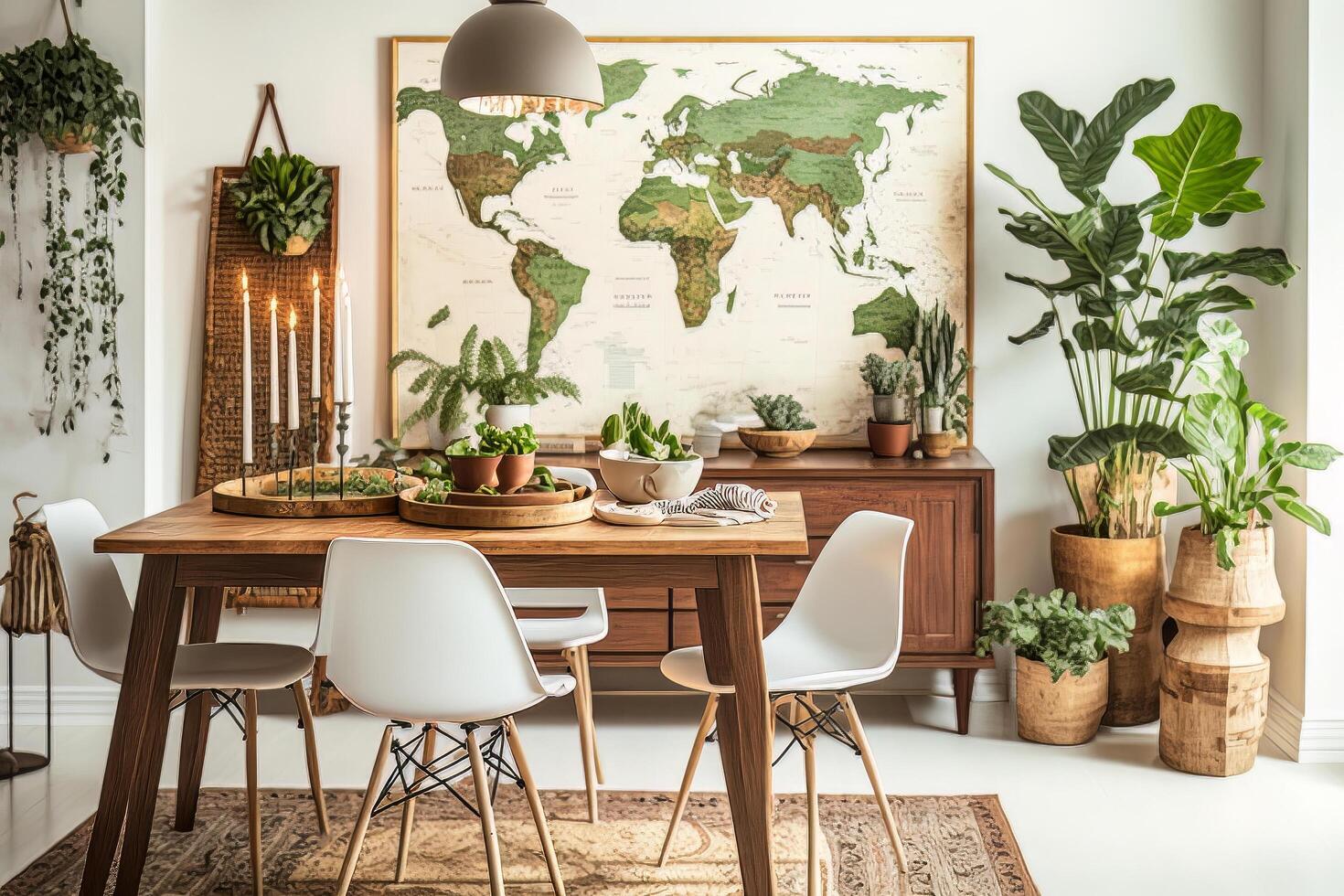 Stylish and botany interior of dining room. Illustration photo