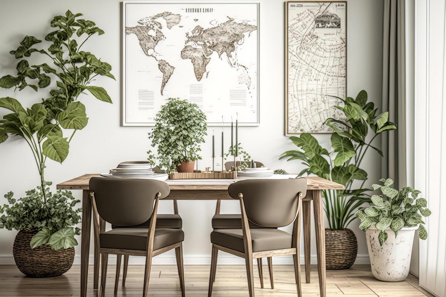 Stylish and botany interior of dining room. Illustration photo