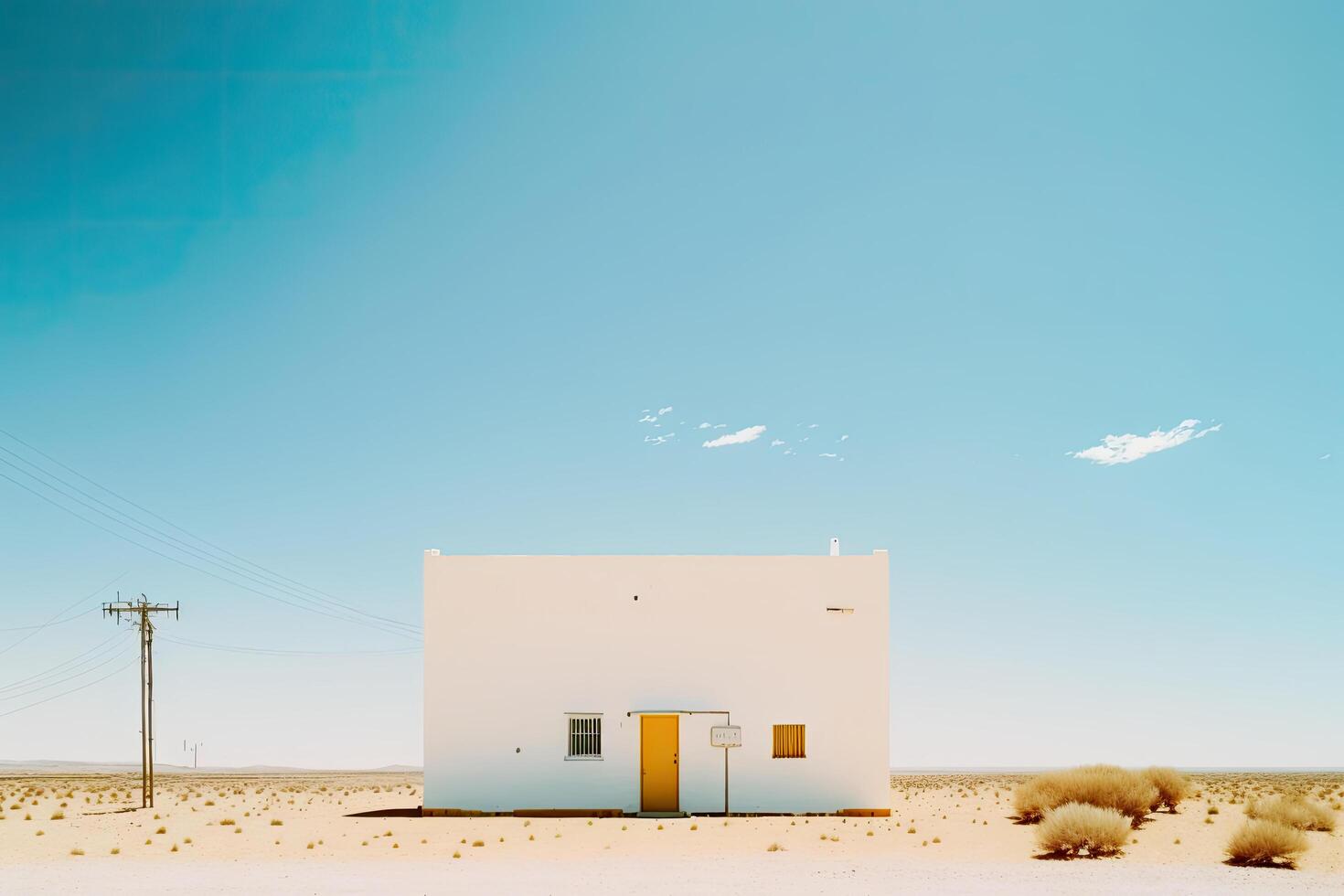 Lonely house in the desert with a tree. Illustration photo