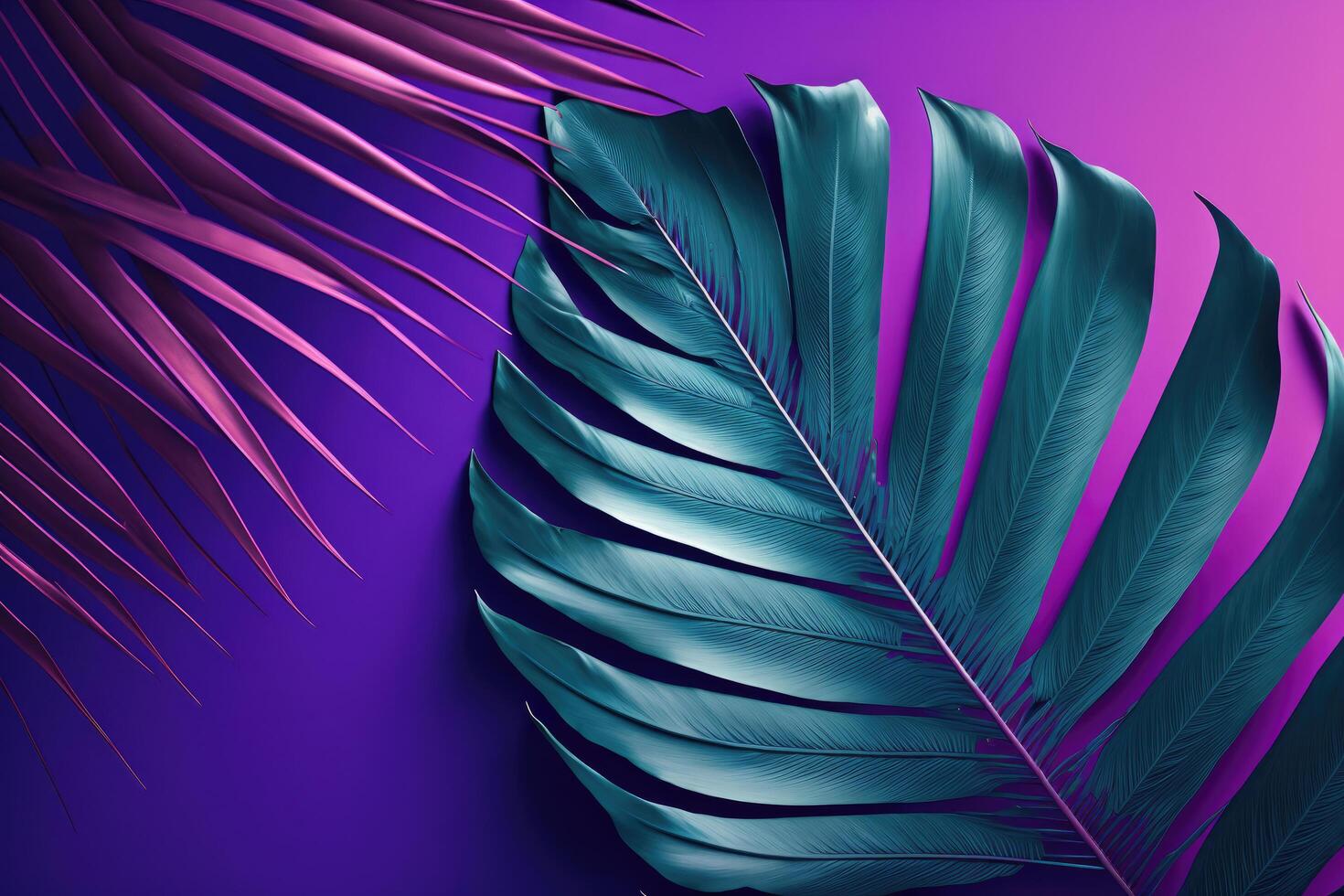 A large fresh palm leaf on a duotone purple-violet-blue. Illustration photo