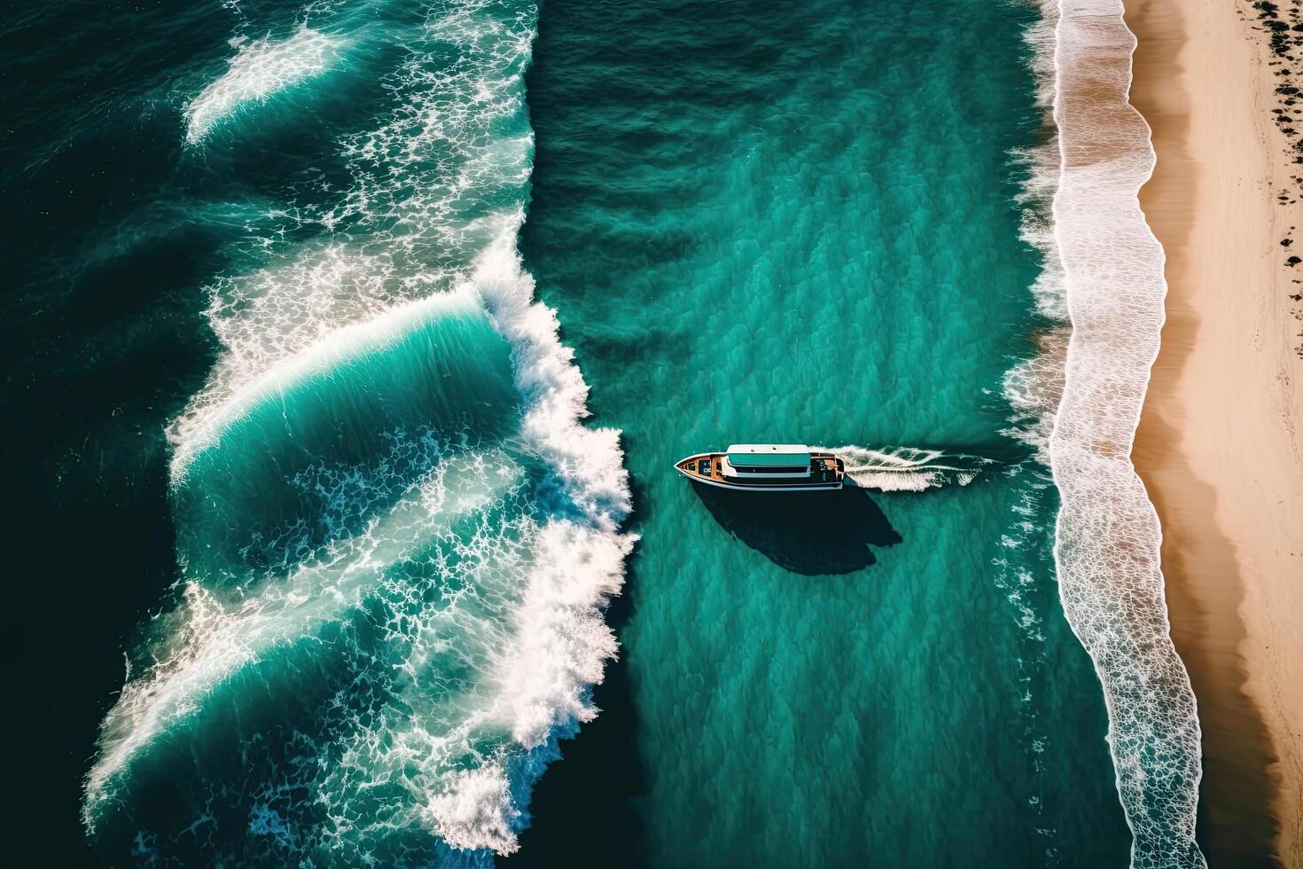 ola y barco en el playa como antecedentes. hermosa naturaleza. ilustración ai generativo foto