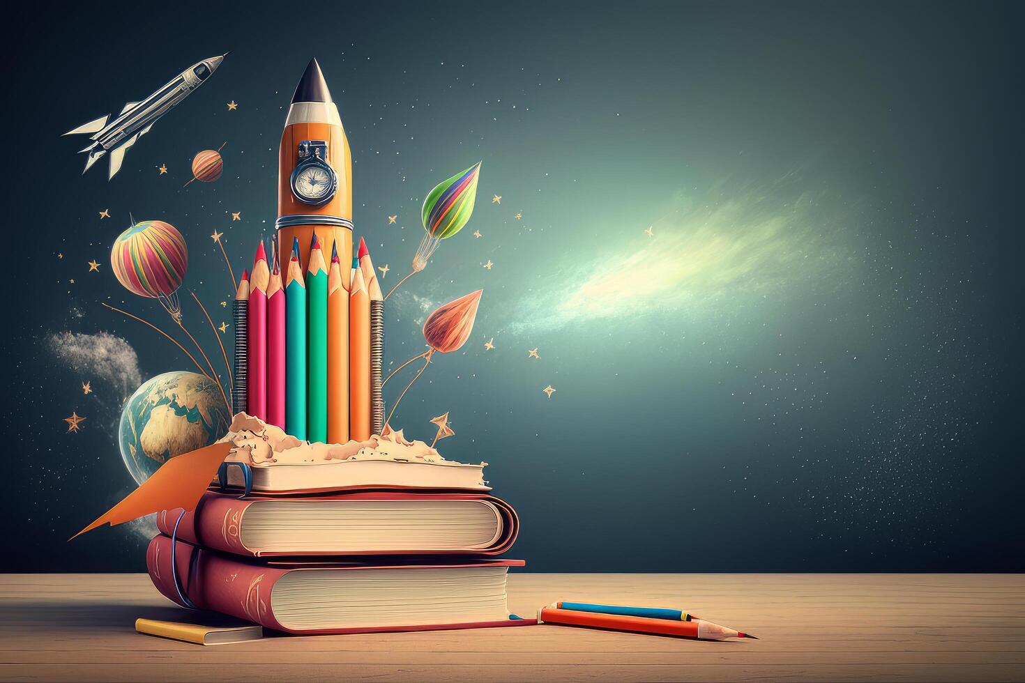 Books And Pencils With Rocket Sketch. Illustration photo