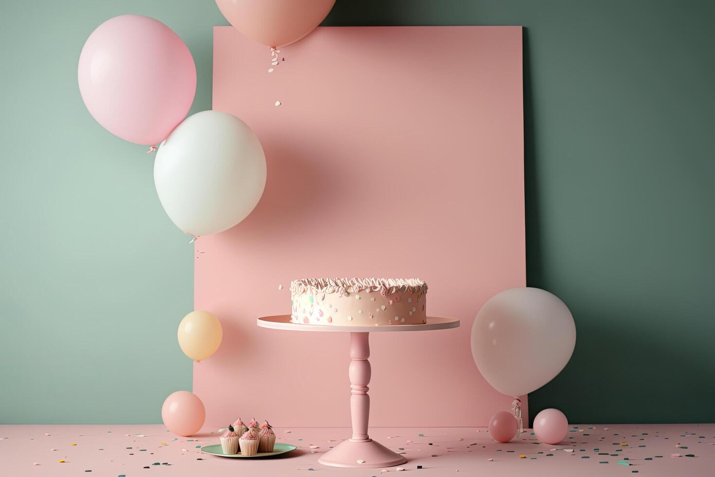 Pastel pink table with balloon frame and birthday confetti. Illustration photo