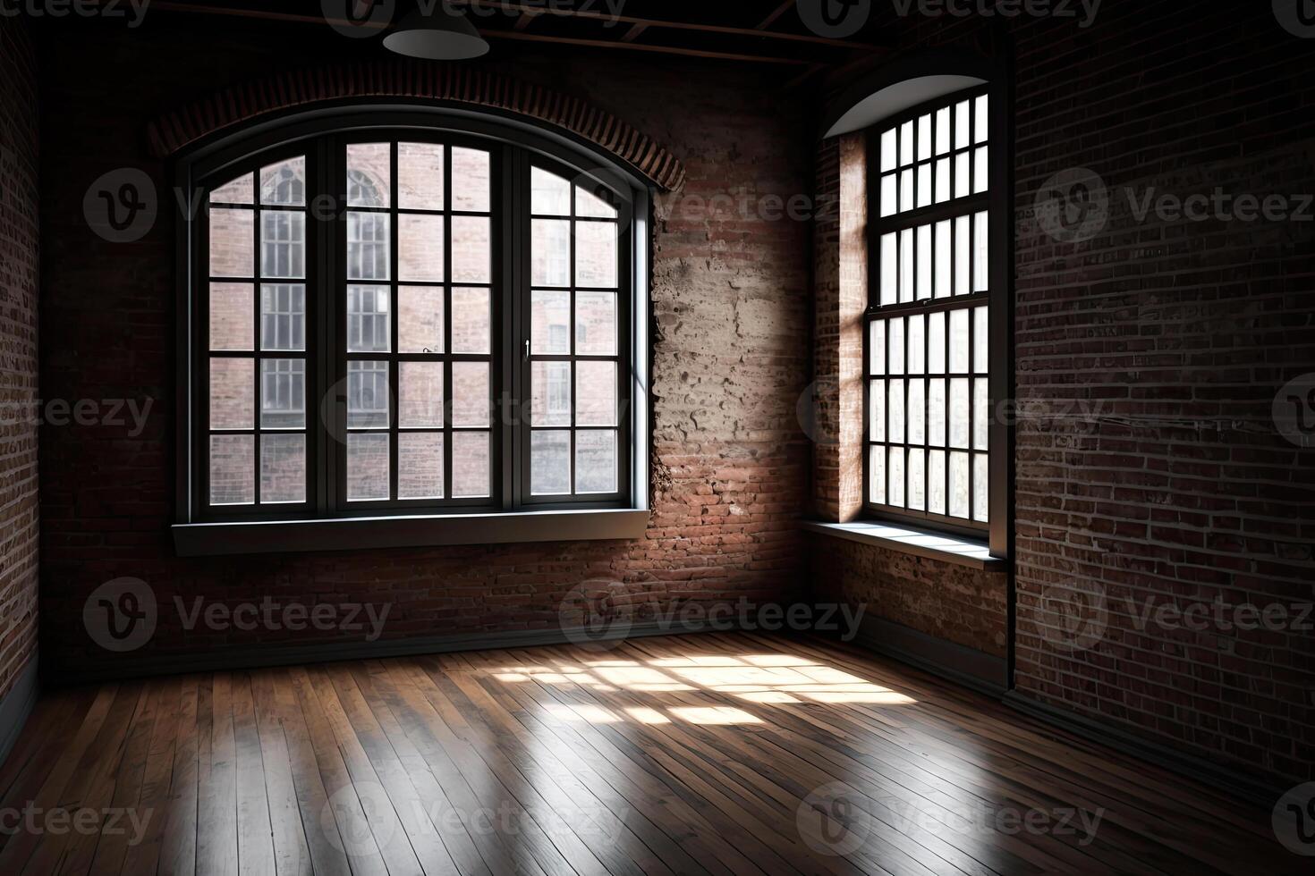 An empty room with a large loft-style window. Illustration photo