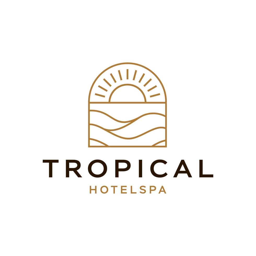sun with arch logo, sunset sunrise with beach ocean sea water logo icon vector in trendy line linear, abstract outline logo vector for hotel or spa