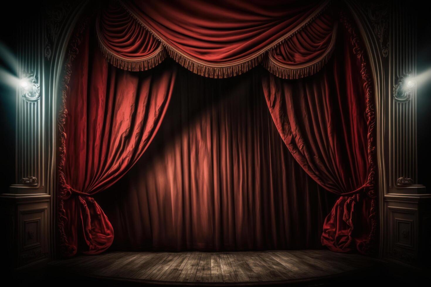 Magic theater stage red curtains Show Spotlight. Illustration photo