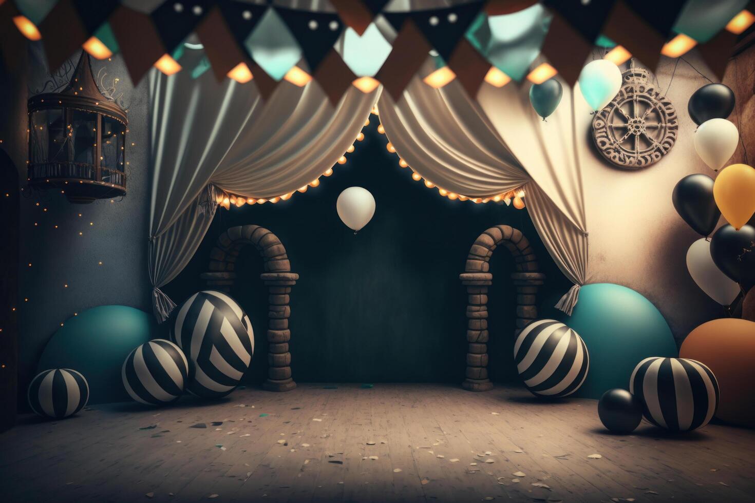 Festive party with balloons, stage and garlands. Illustration photo