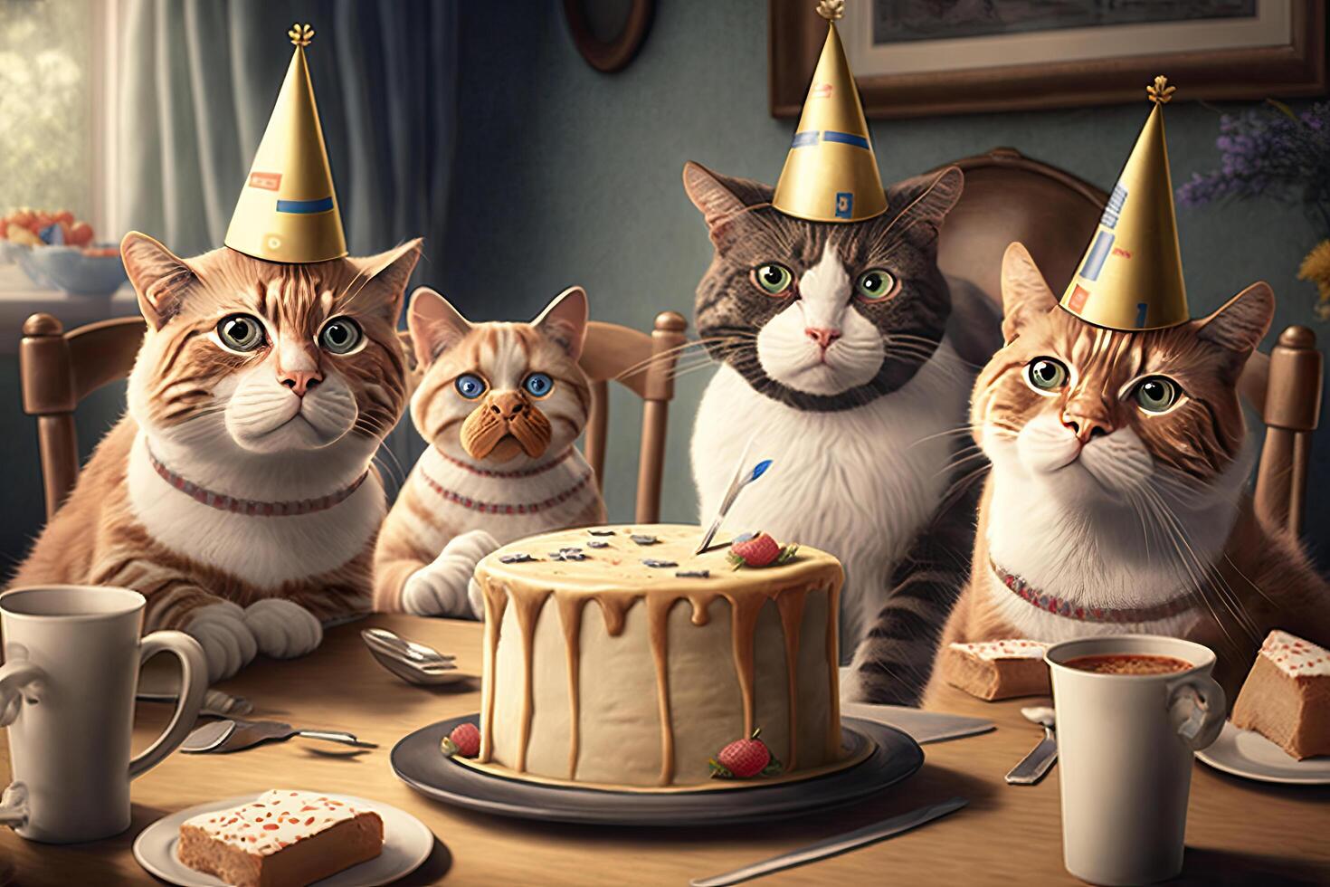 cat in birthday caps sit at party. Illustration photo