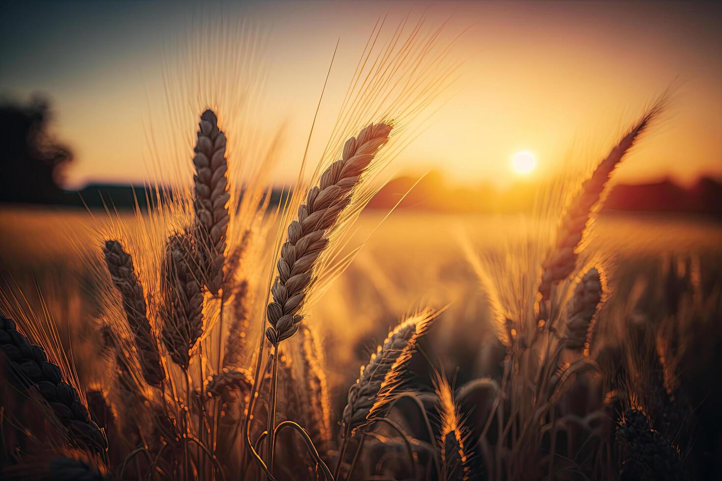 Beautiful nature sunset landscape. Golden wheat ears. Illustration photo