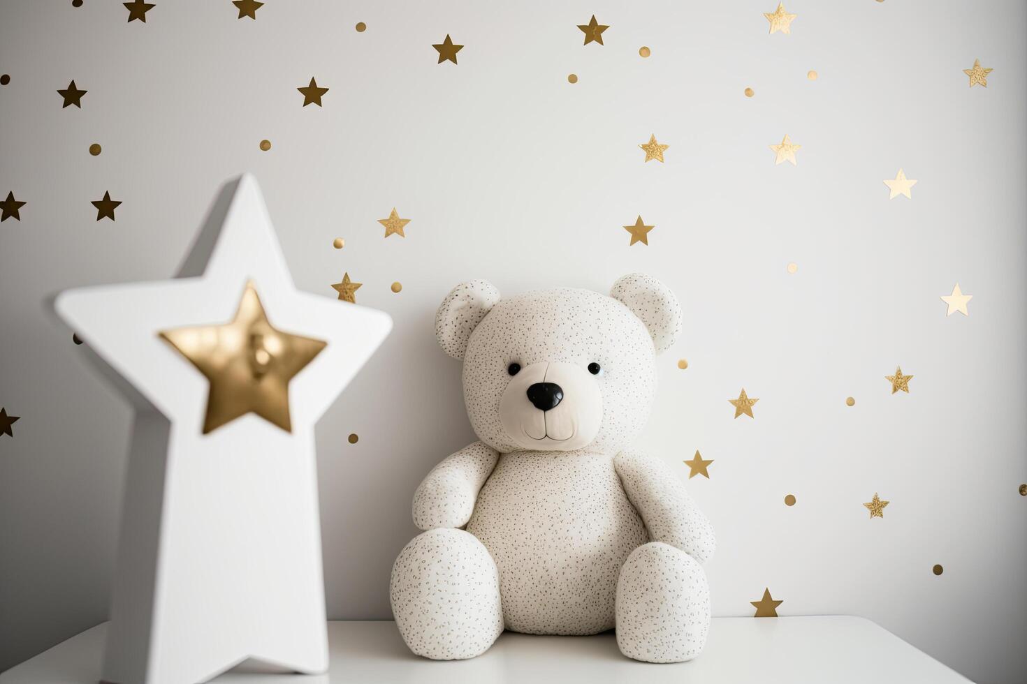 White wall with gold stars stickers and teddy bear in the interior. Illustration photo